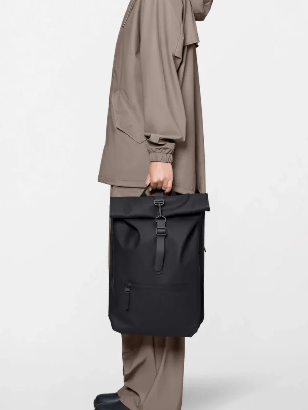 Rains Black Roll-Top Waterproof Backpack